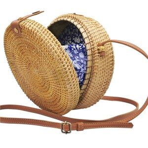 Round Rattan Crossbody Bag - Tan